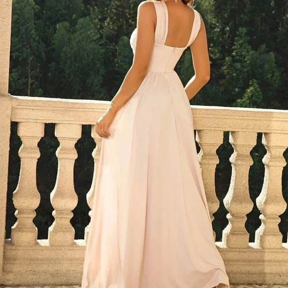 Beige Women's Crisscross Split Thigh Formal Dress - Picture 2 of 6